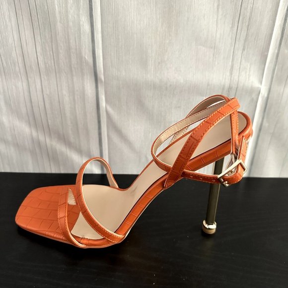 Women's High Sandals Buckle Heel Orange -  Heel Gold Color - Square Open Toe - Picture 2 of 6
